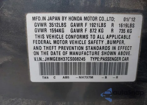 2012 Honda Fit from USA, damaged, VIN JHMGE8H37CS008245
